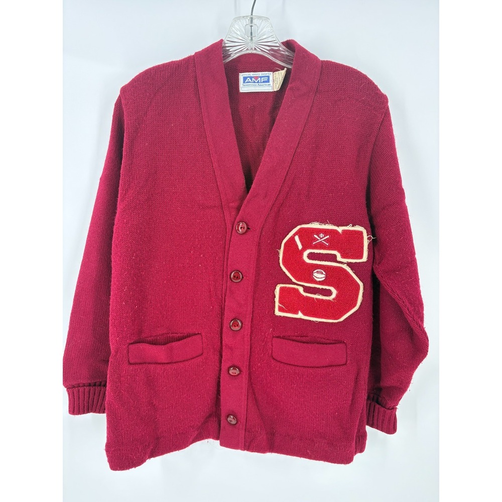 Vintage Letterman Cardigan Sweater Red Wool‎ Chenille "S" Patch Varsity S